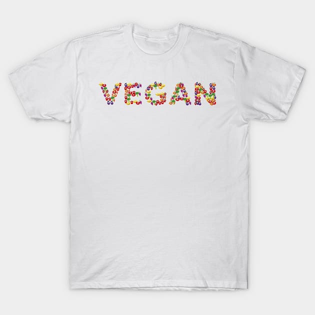 Fun Vegan Fruit and Vegetables Design T-Shirt by Sanu Designs